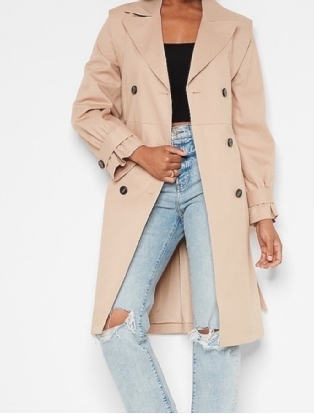 NWT Belted Trench Coat Double Breasted Convertible Removable Sleeves Spring Rain